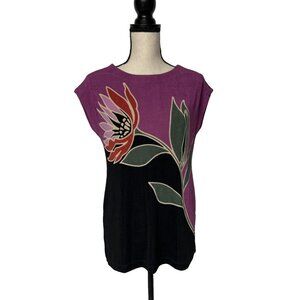 Chico’s Travelers 0 Placed Floral Tunic Top Slinky Black Purple Flower Size S